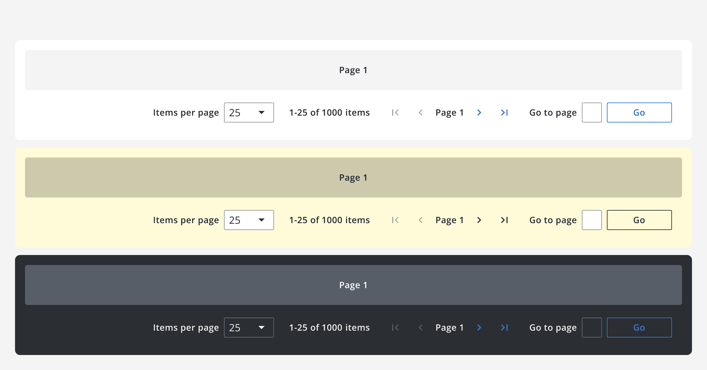 Examples of complex pagination on different backgrounds to show light, monochrome and dark colour variations.