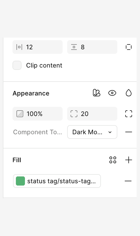 Figma Appearance properties showing Component Tokens are set to Dark Mode.