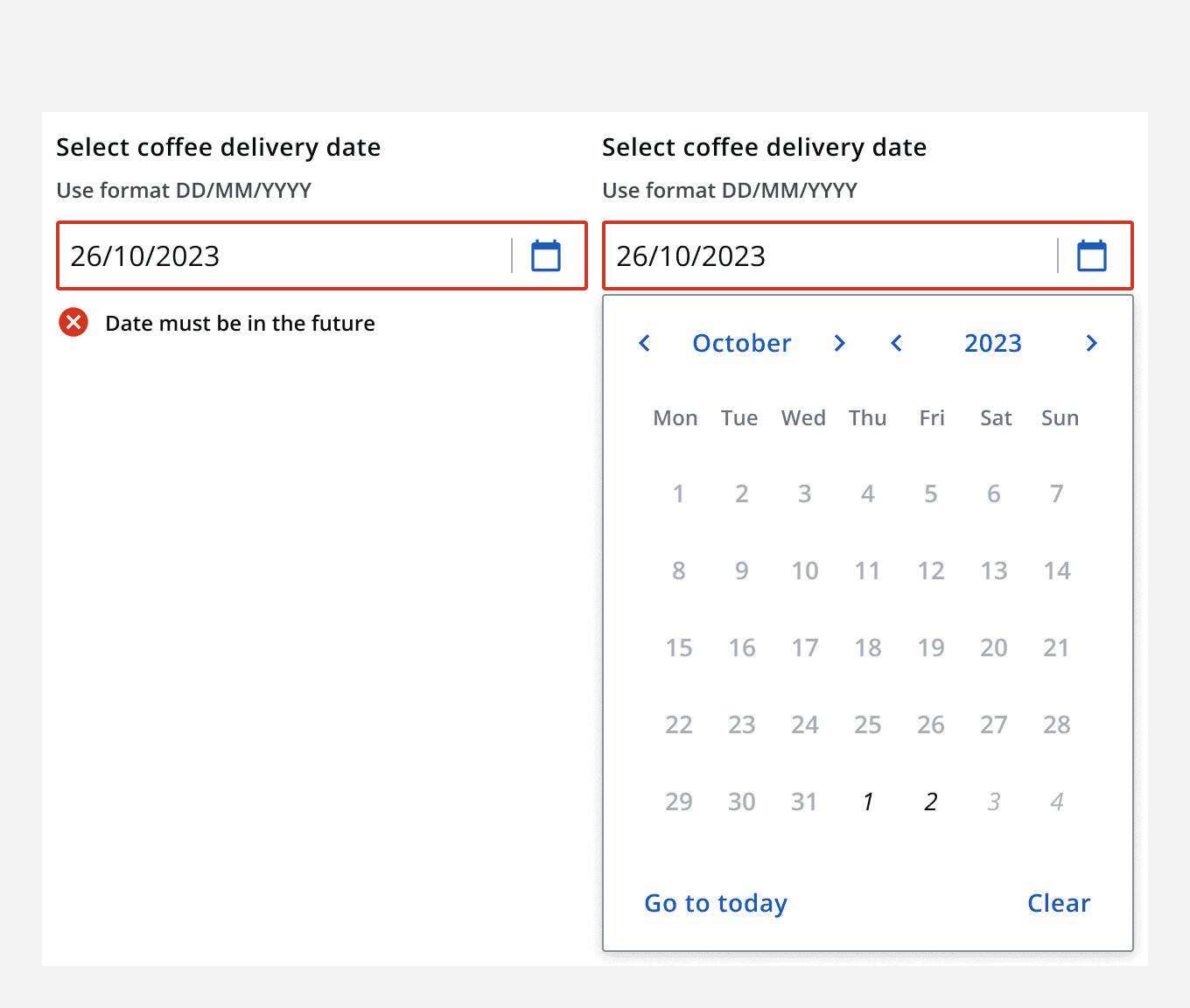 A date picker with error caused by choosing a date outside of allowed range.