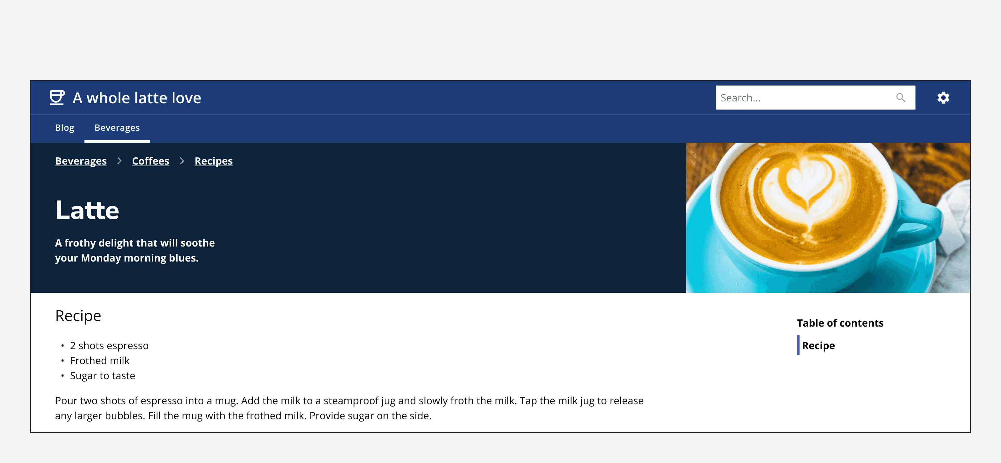 A page of content showing a latte recipe that includes a table of contents with one list item on the right-hand side of the page.