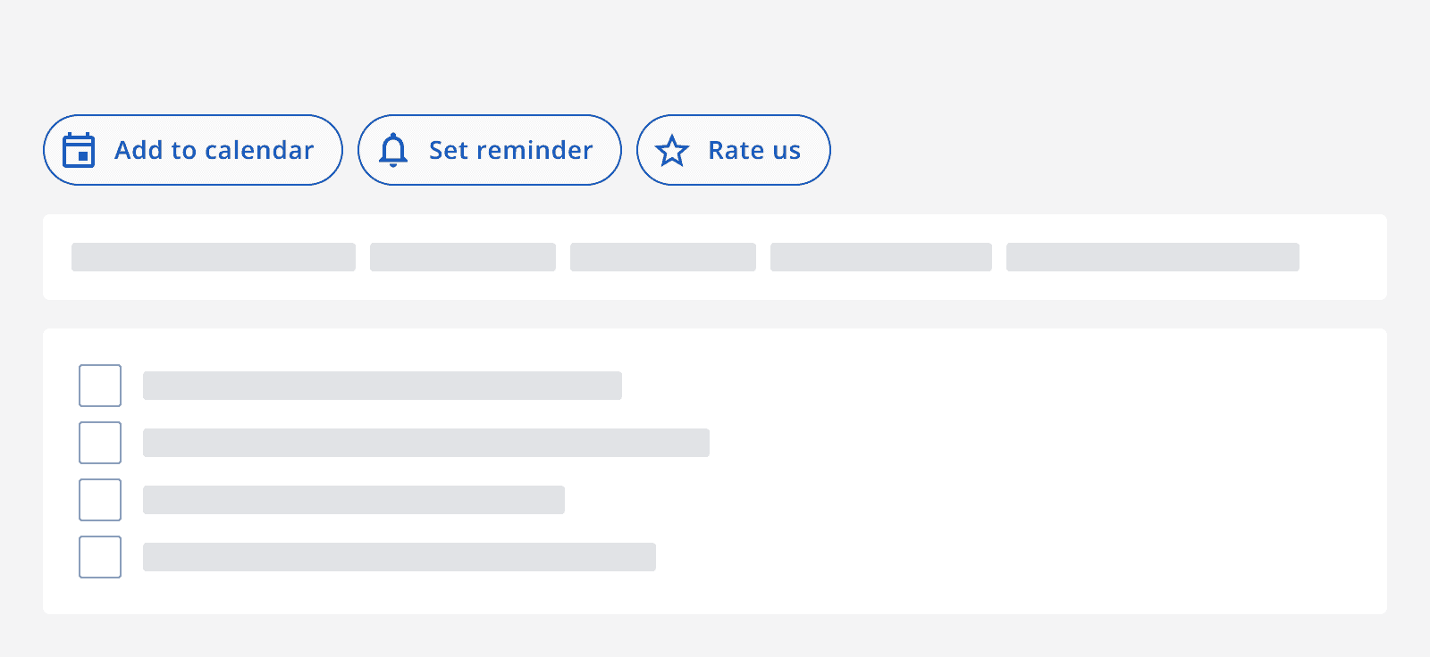 A page of content showing three outlined Action chips in a row above. The Action chips are 'Add to calendar', 'Set reminder' and 'Rate us'.