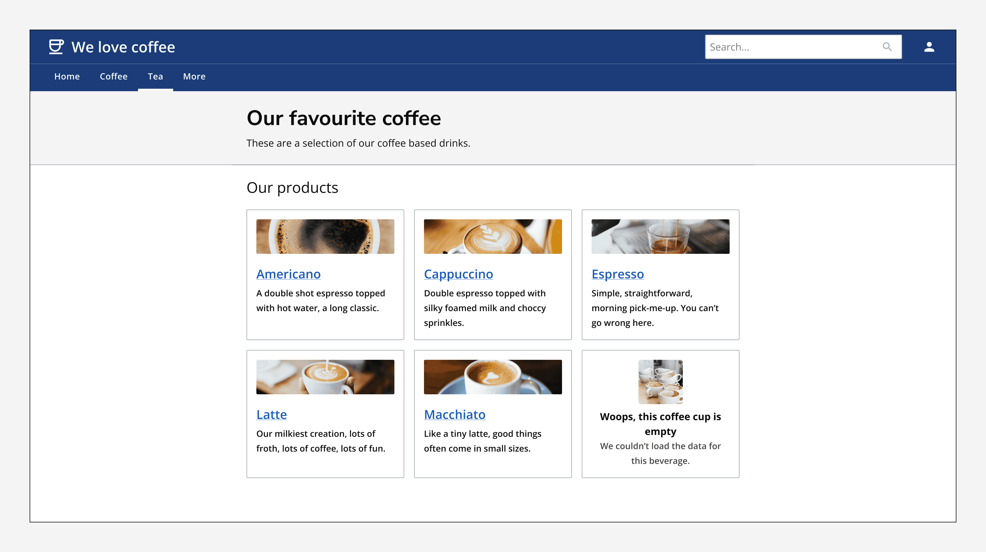 A grid of cards for coffee products with one card showing an empty state component that reads ‘Woops, this coffee cup is empty’.