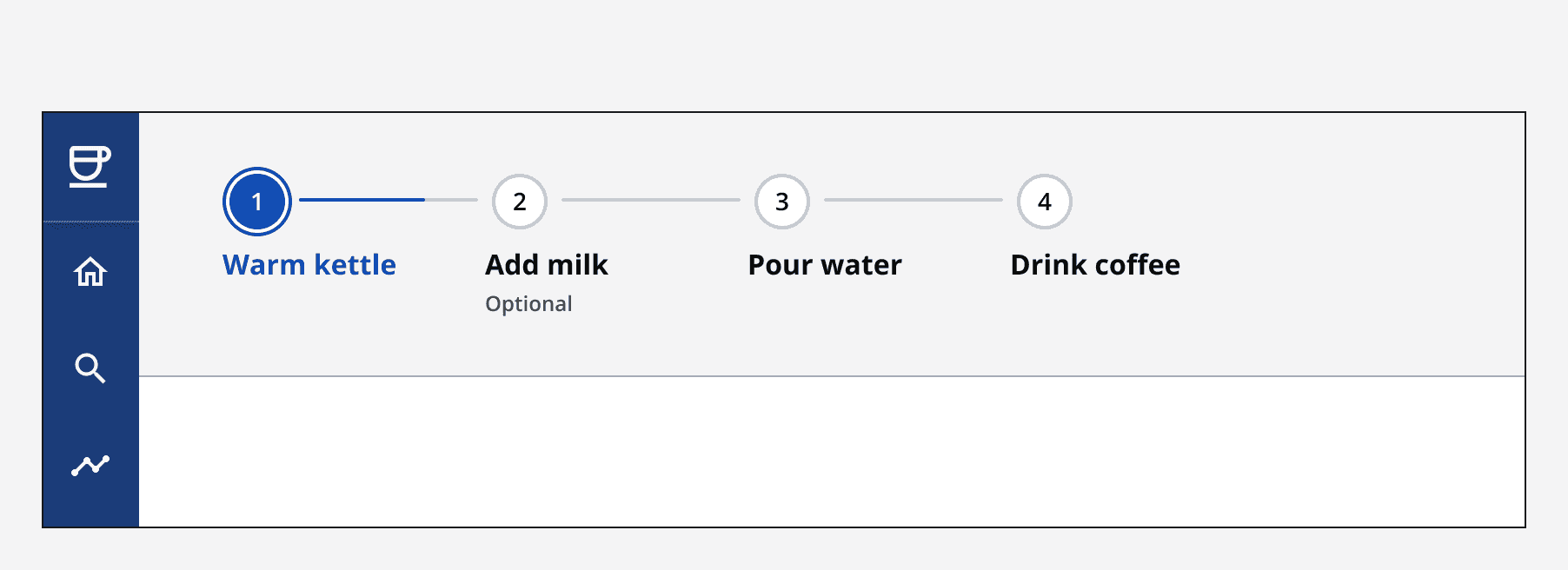 An image showing a stepper with four steps, titled 'Warm kettle', 'Add milk', 'Pour water', and 'Drink coffee'. The first step is selected, and the stepper is accurately placed at the top-left of a page.