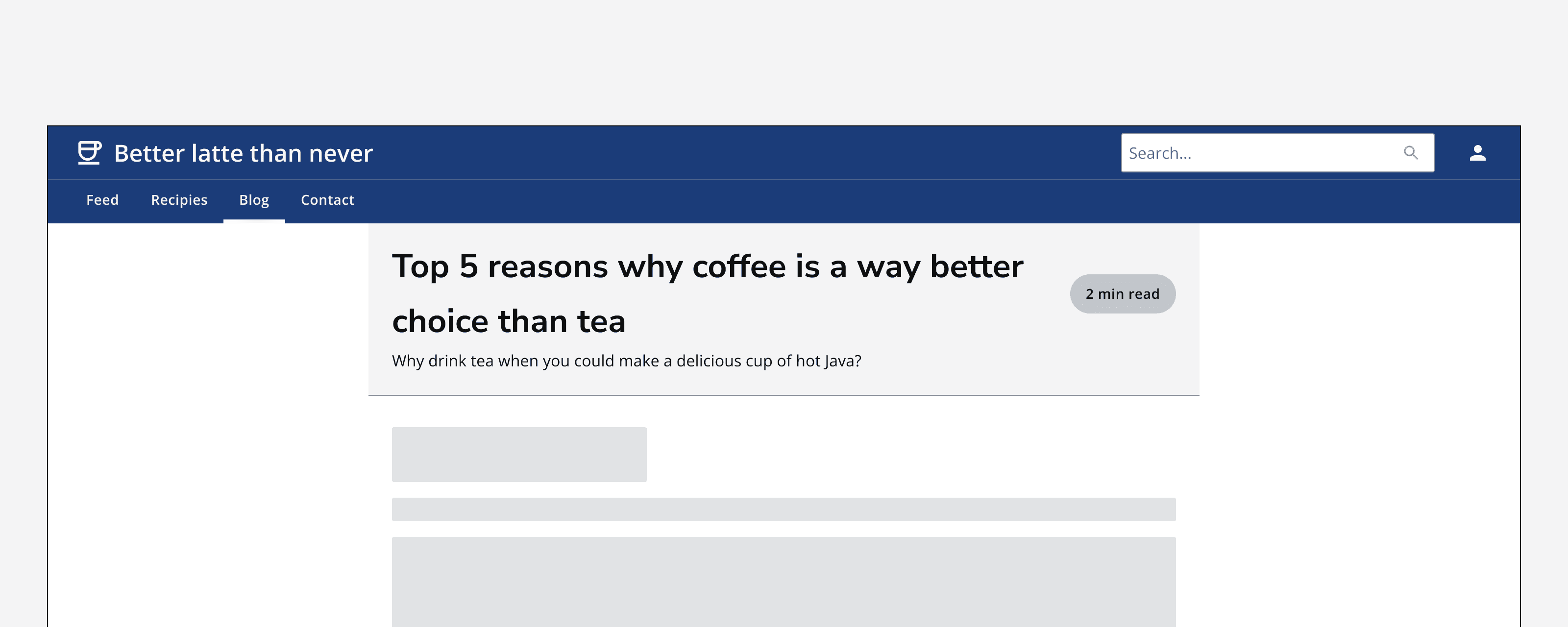 An example app titled ‘Better latte than never’ showing a page called ‘Top 5 reasons why coffee is better than tea’ with a page header that is indented from the page margins to align with the page’s example content.