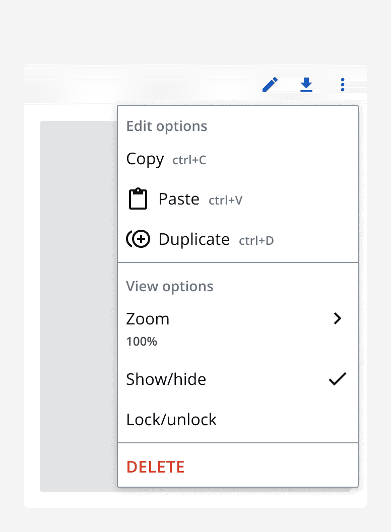 A popover menu showing a set of edit options that include icons and keyboard shortcuts alongside their labels.