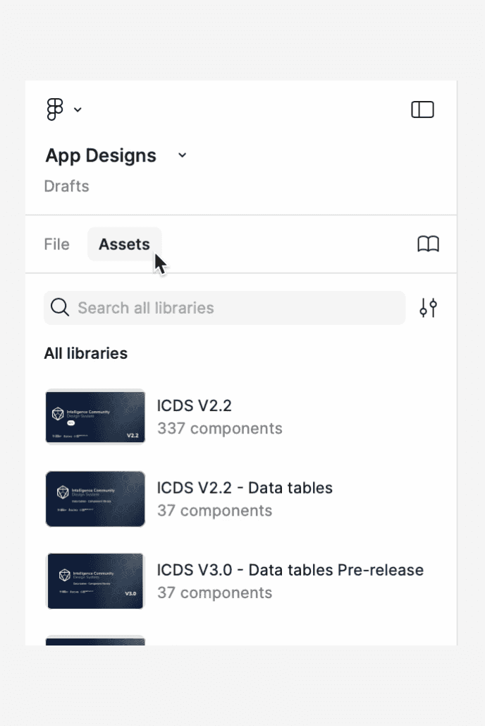 Figma screen showing Assets with ICDS libraries listed.