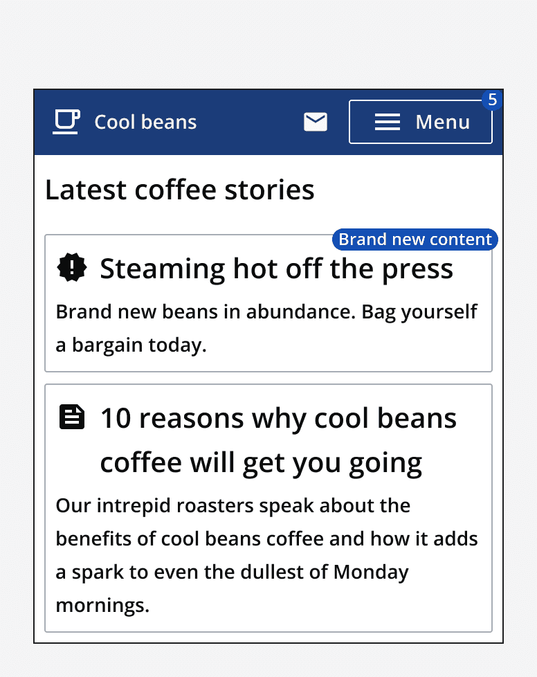 A list of cards showing coffee themed blog posts. The top card has a text badge displaying the label ‘Brand new content’.