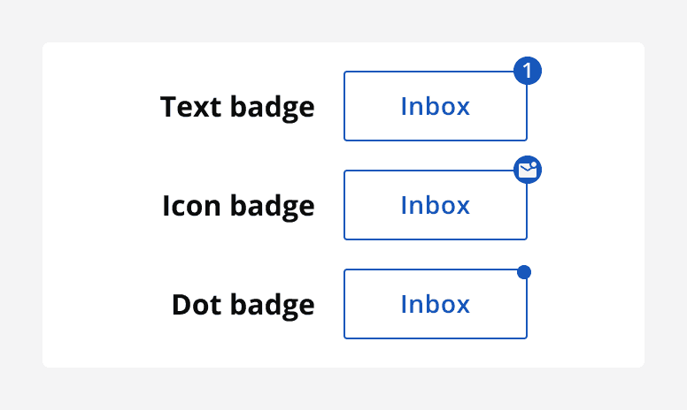 Three types of badges applied to a secondary button titled ‘inbox’.