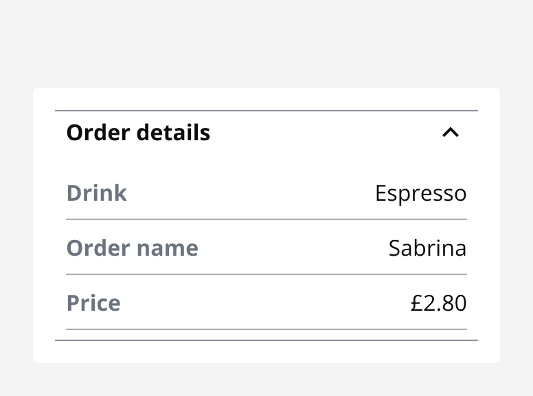 An accordion titled ‘Order details’ including a three-row data list for a coffee order in the content area.