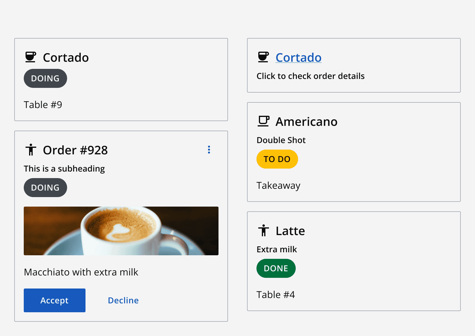 An image showing a three static cards, one interactive card, and one clickable card arranged in a group.