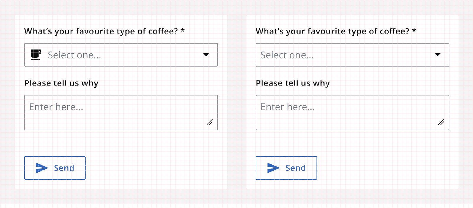 Two short forms each with a select box, text area and secondary button. All components and their internal elements align to a visible eight-pixel grid.