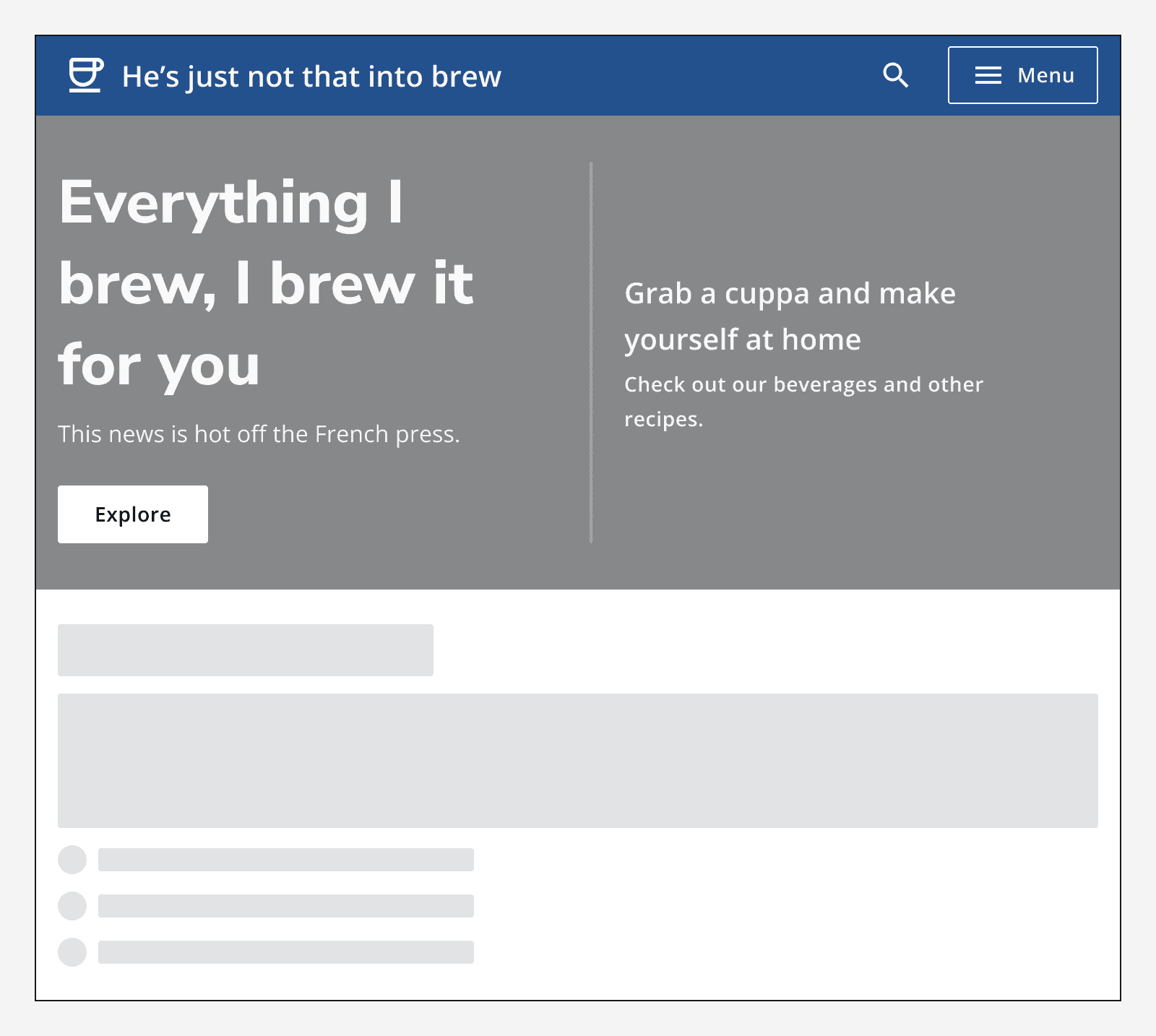 A hero banner with a grey background colour and black text.