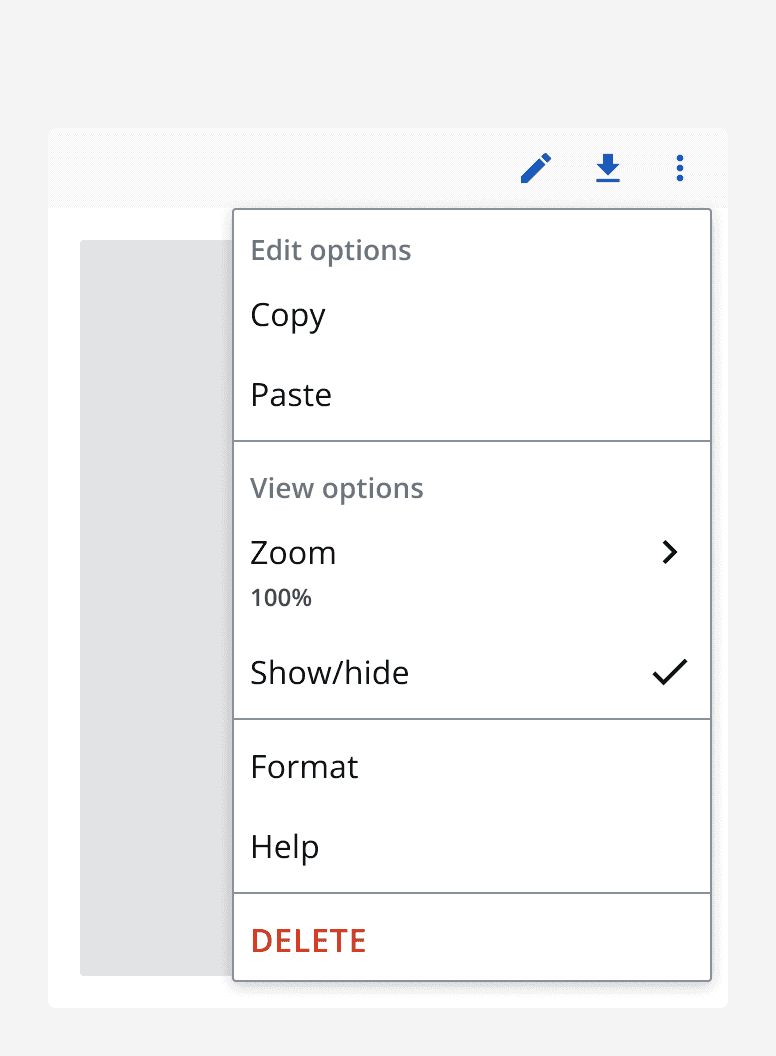  A popover menu with a menu group for ‘Edit options’, a menu group for ‘View options’, an untitled menu group containing unrelated actions, and a final untitled menu group containing destructive actions.