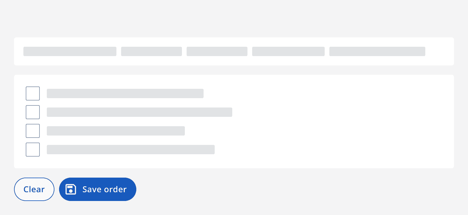 A page of content showing two Action chips below on the left. One Action chip is outlined and labelled 'Clear' while the other is filled and labelled 'Save order'.
