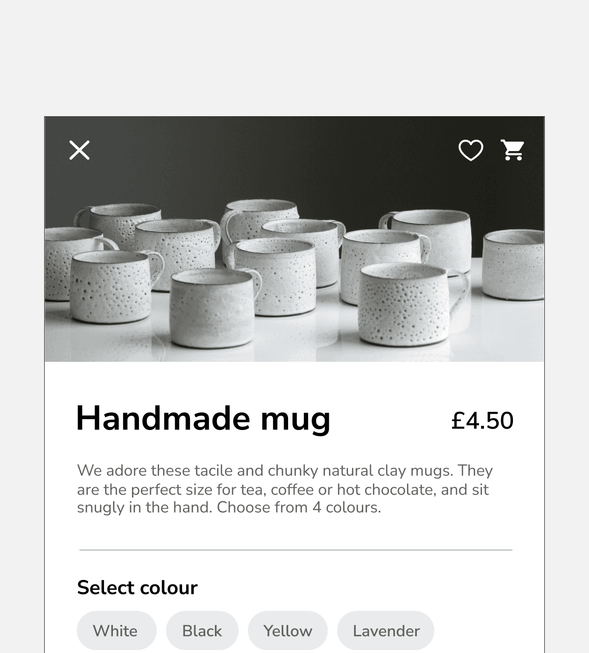 An inset divider used to clearly separate the description of a mug and the list of the colours in which it is available.