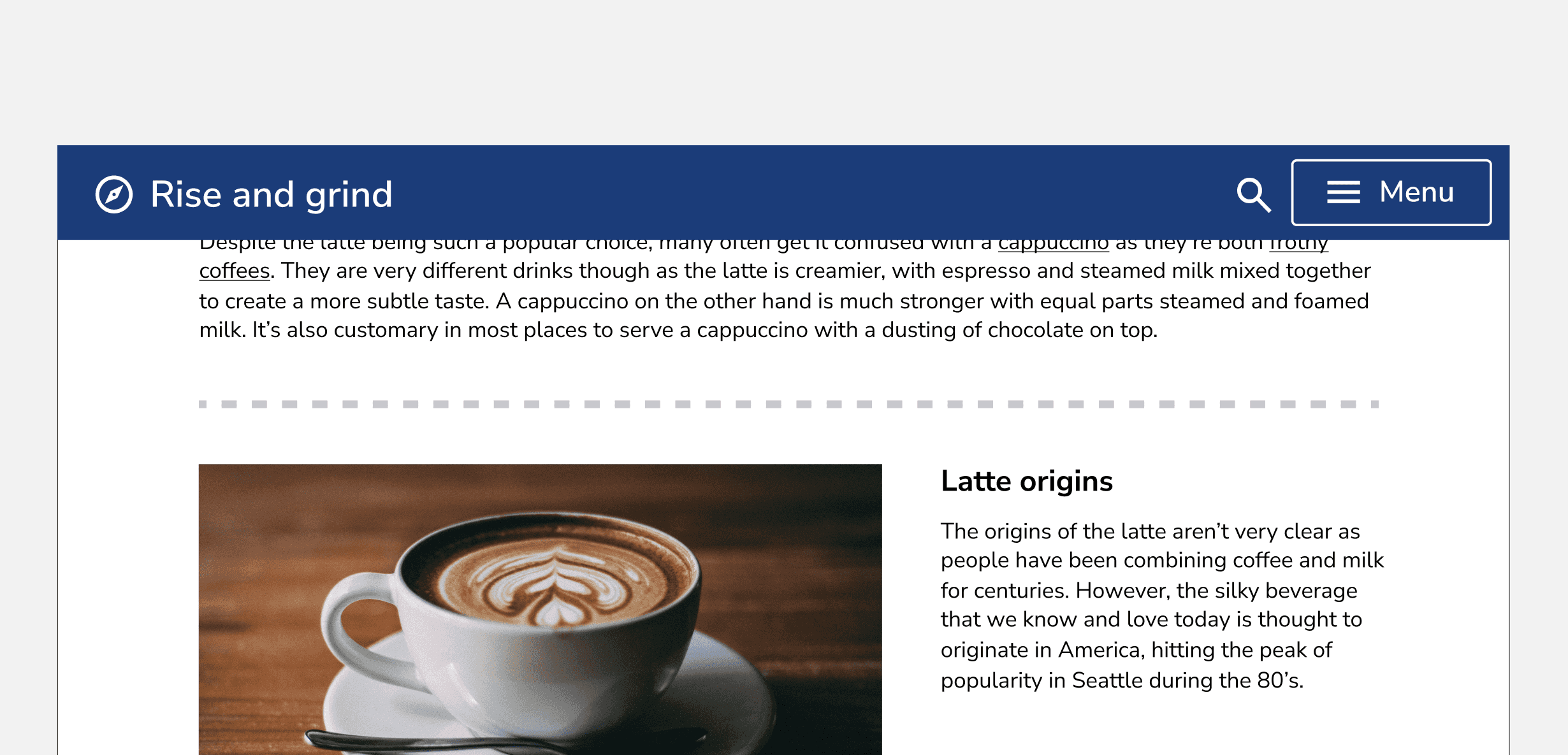 Light, dashed divider with 4px weight used to define sections of a web page.