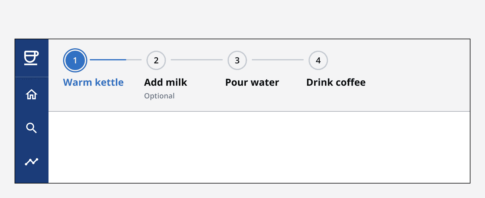 An image showing a stepper with four steps, titled 'Warm kettle', 'Add milk', 'Pour water', and 'Drink coffee'. The first step is selected, and the stepper is accurately placed at the top-left of a page.