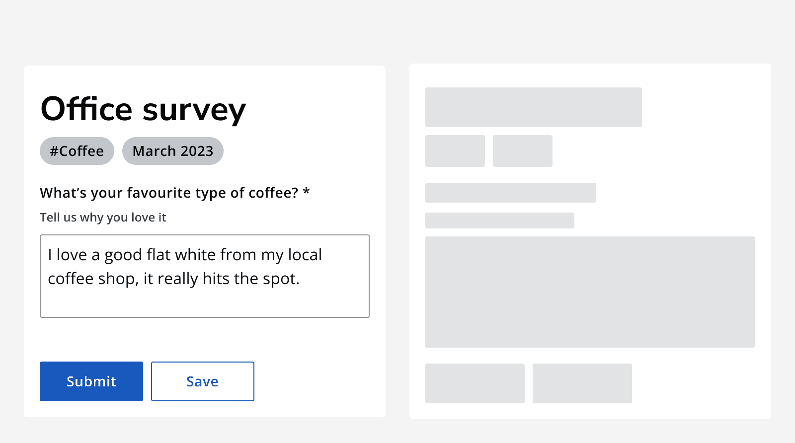 An image which shows the card component and the rectangle skeleton variant used to replace the full card width and height while it’s loading.