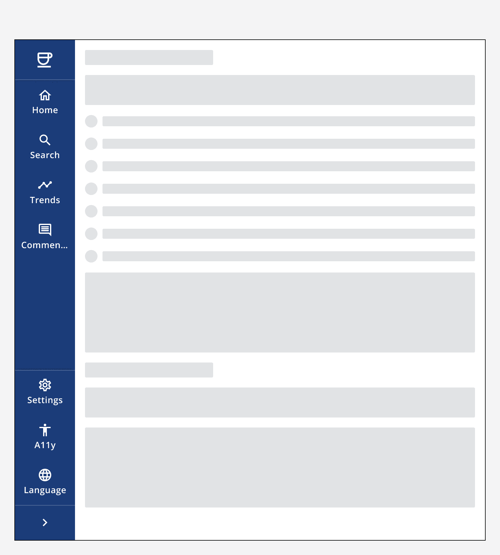 An example side navigation in collapsed state showing labels below the icons for each menu option.