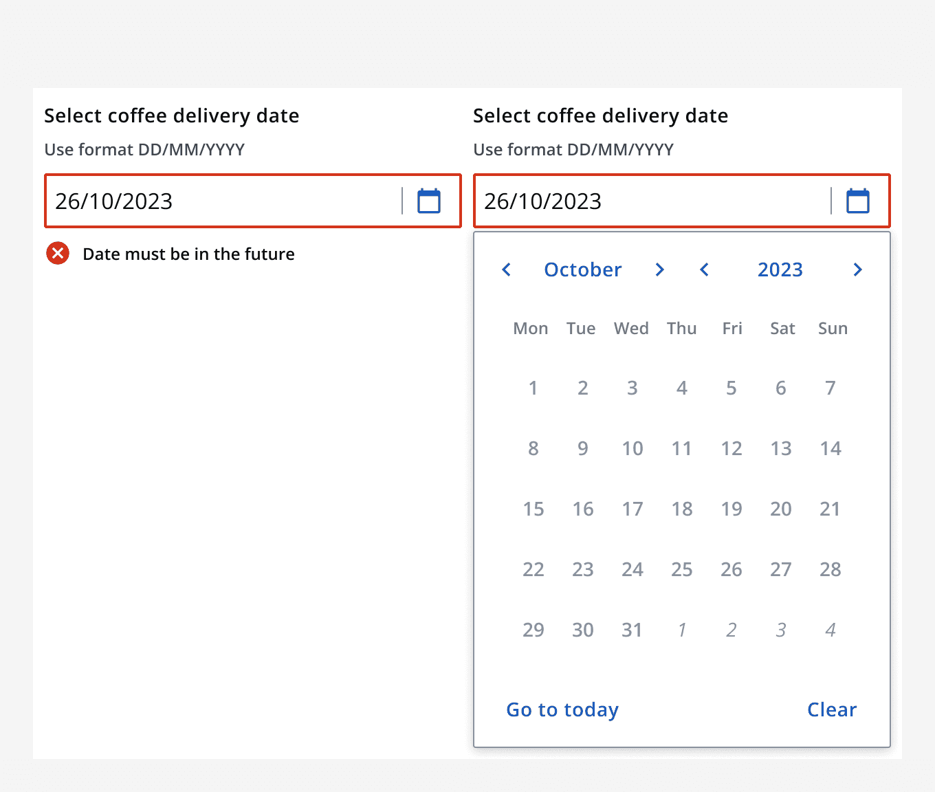 A date picker with error caused by choosing a date outside of allowed range.