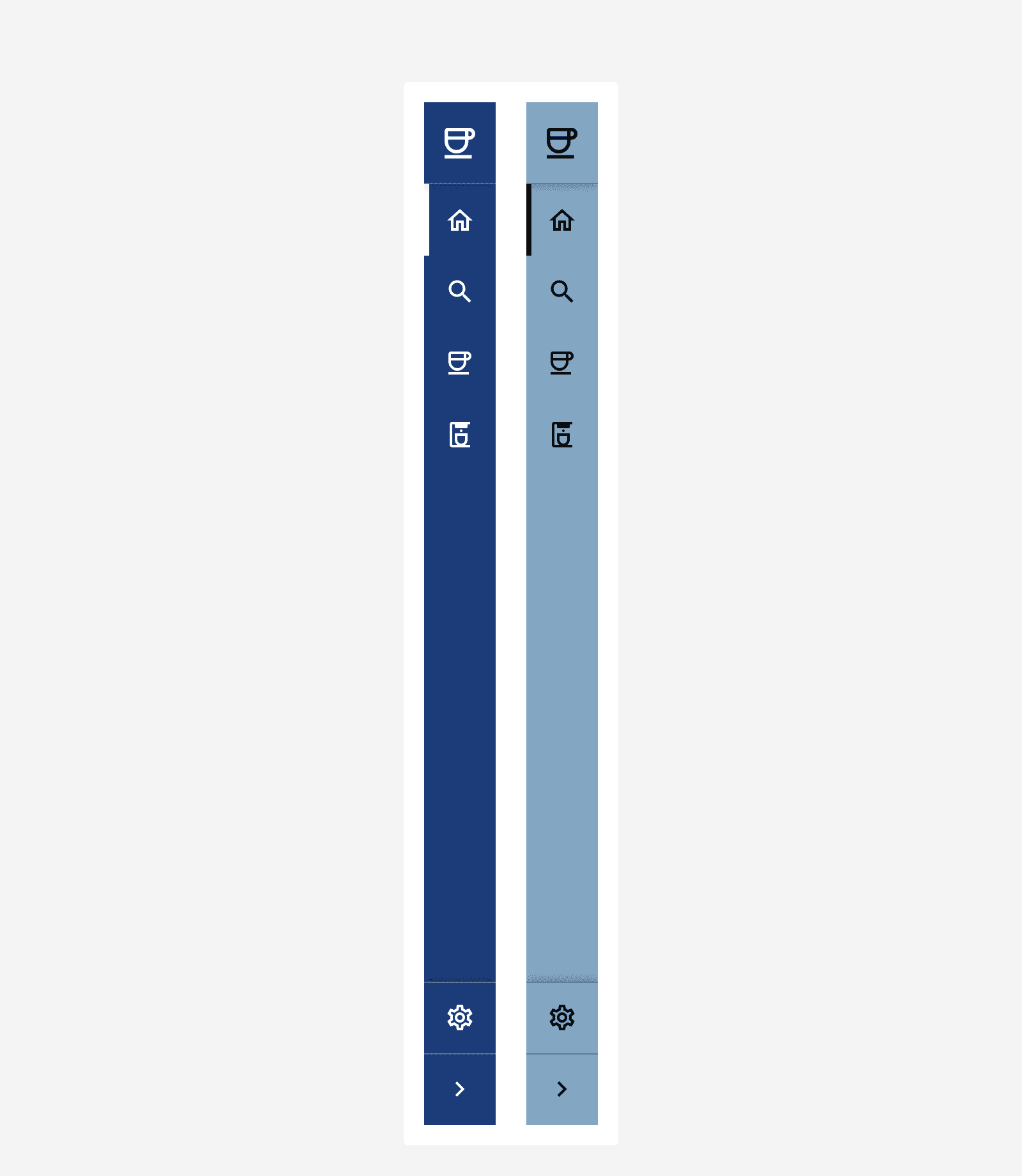 Two examples of side navigation components using different theme colours.