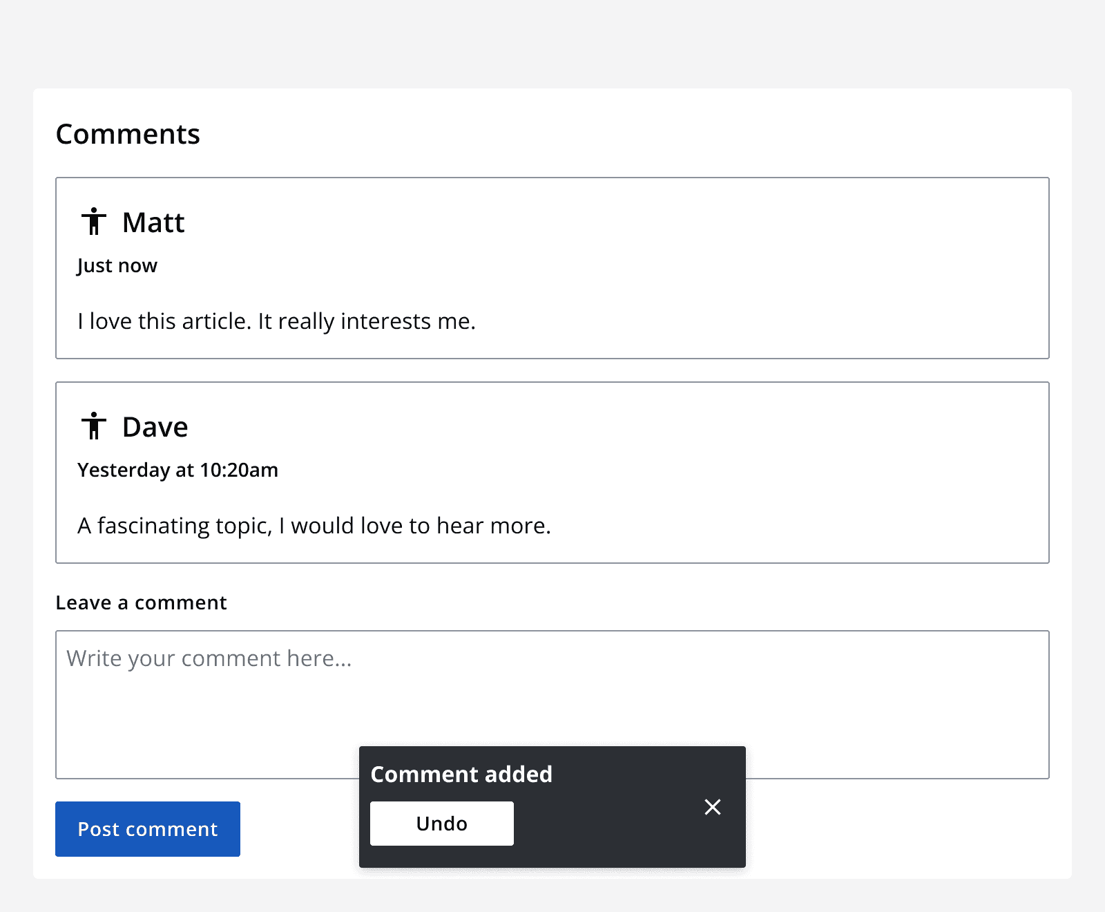 A comments section with a toast message that says ‘Comment added’ with an ‘undo’ button and a dismiss button.