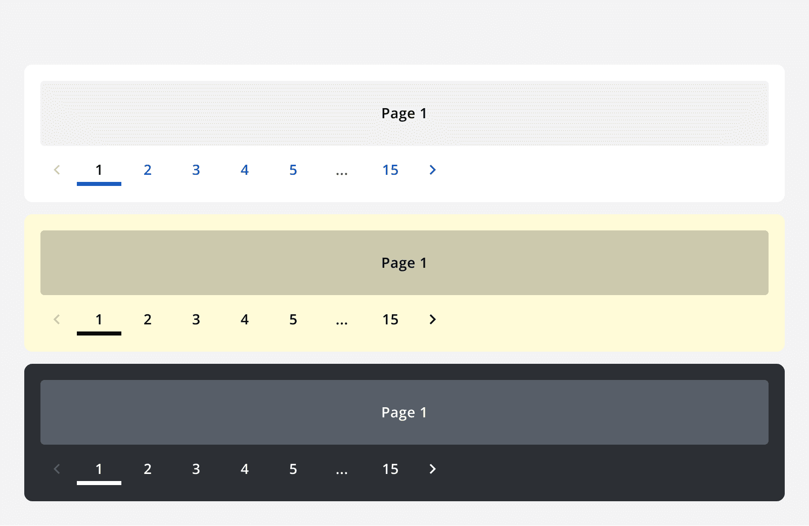 Three pagination examples on different coloured backgrounds. The default theme pagination is used on a white background. The monochrome dark theme pagination is used on a light yellow background. The monochrome light theme pagination is used on a dark grey background.