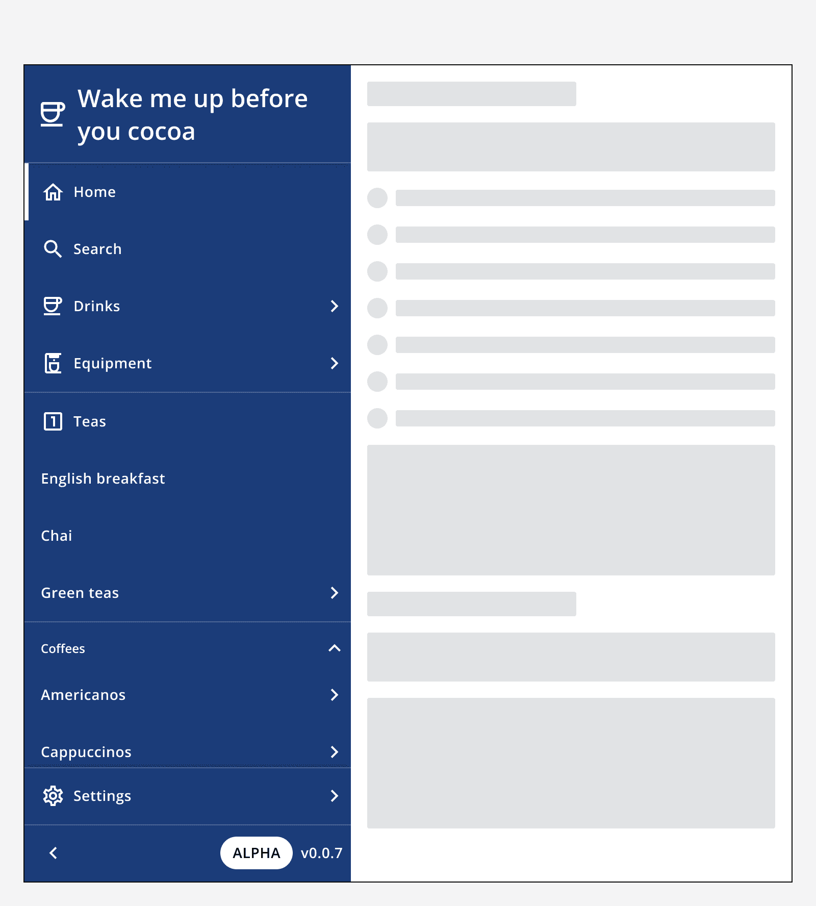 An example app using side navigation to display multiple groups of links.