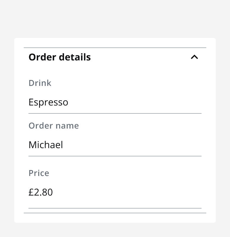 An accordion titled ‘Order details’ including a three-row data list for a coffee order in the content area.