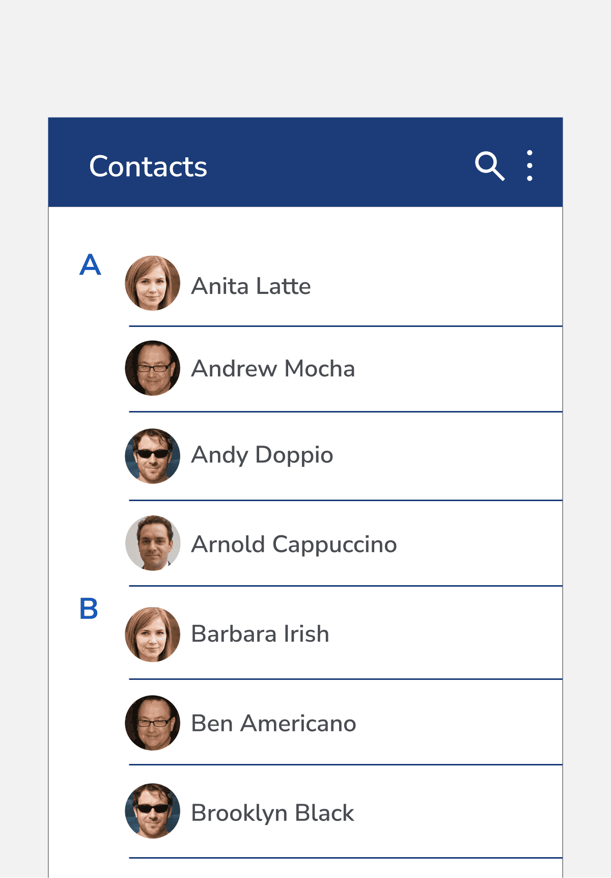 Inset dividers being used to separate individual contacts rather than separating by alphabetical sections.