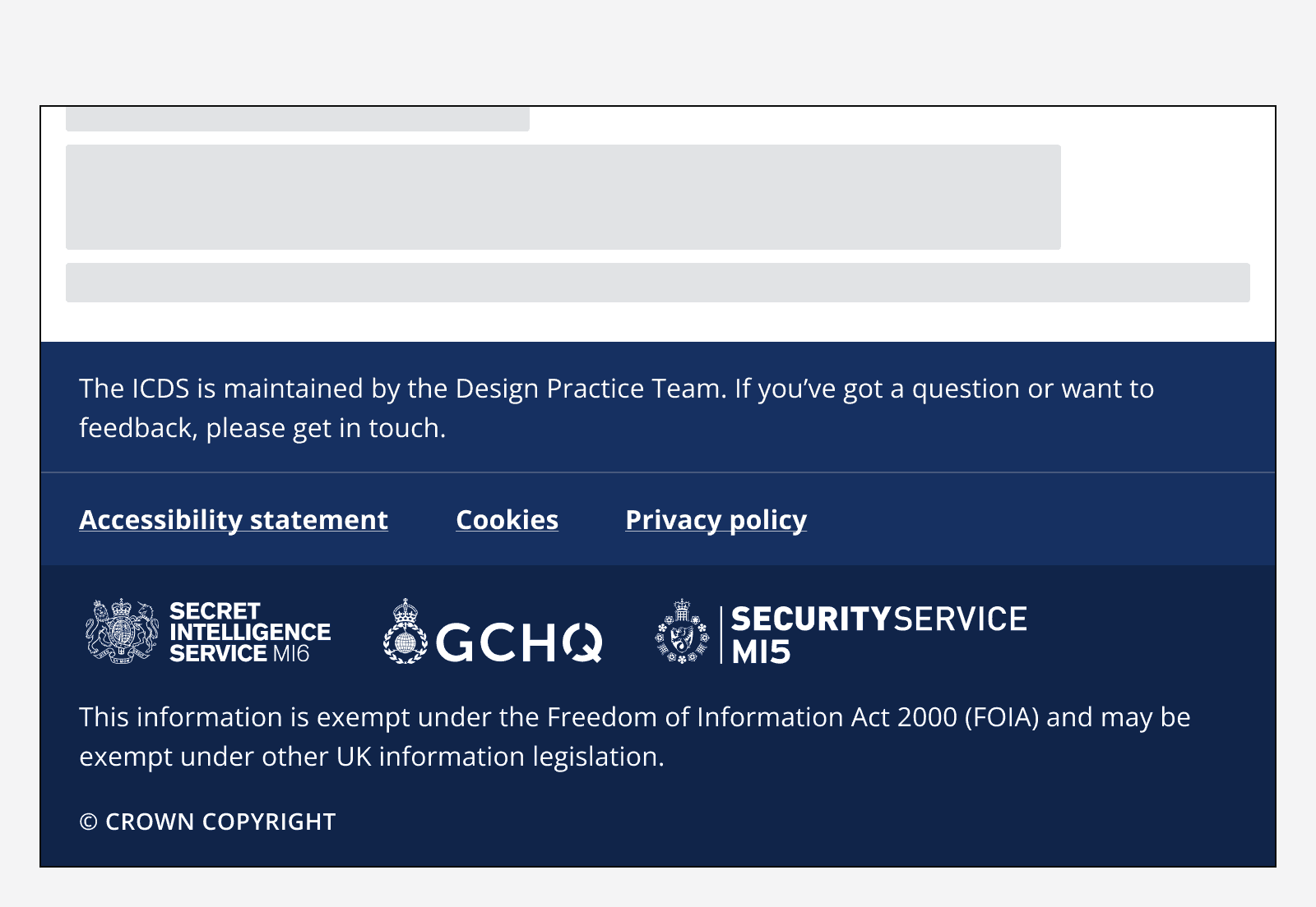 An image of a footer with two navigation groups titled ‘Services’ and ‘Policy’ which house a list of several links. Every text element in the footer is white, including the hyperlinks.