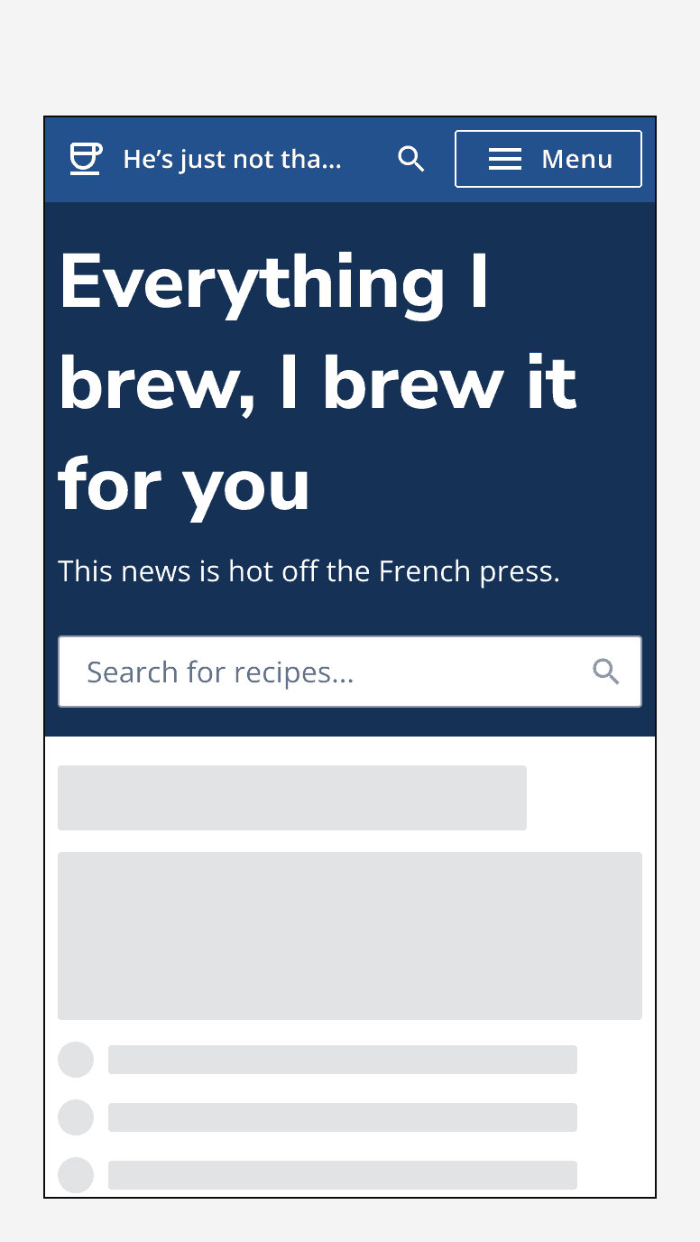 A hero that says 'Everything I brew, I brew it for you' with a search bar in the interaction area.