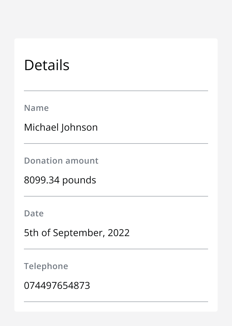 A data entity titled ‘details’ with four rows. All four rows are displayed in normal text formatting even though they display a date, number and telephone.