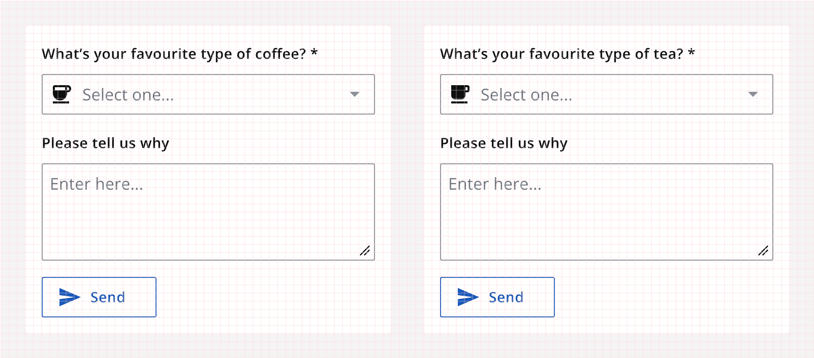 Two short forms each with a select box, text area and secondary button. All components and their internal elements align to a visible eight-pixel grid.