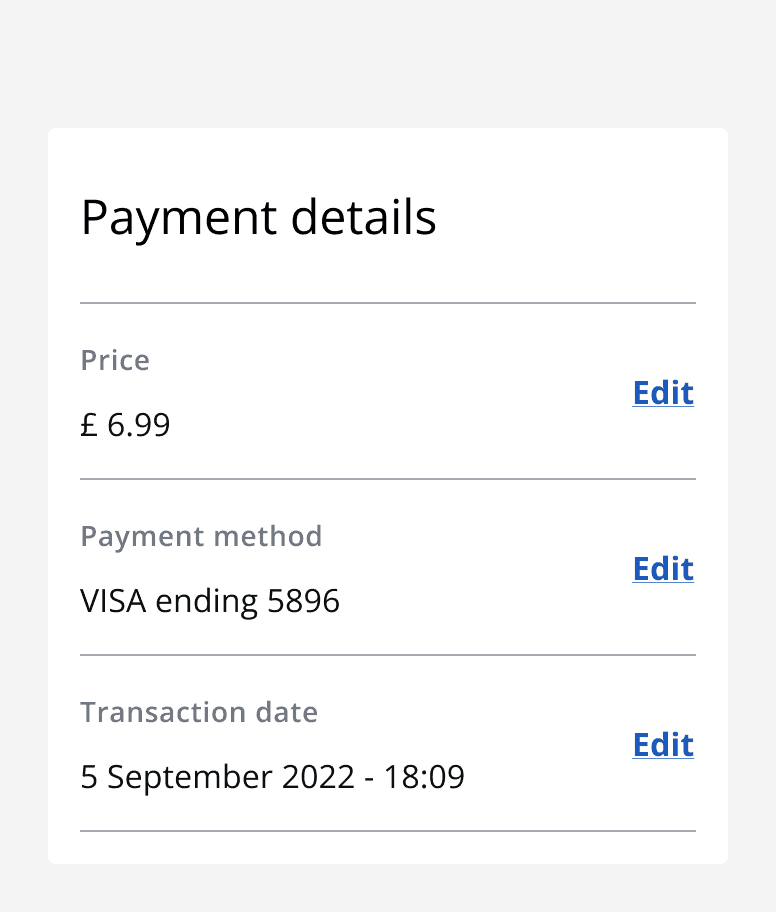 An image of a data entity titled ‘Payment details’ with three rows.