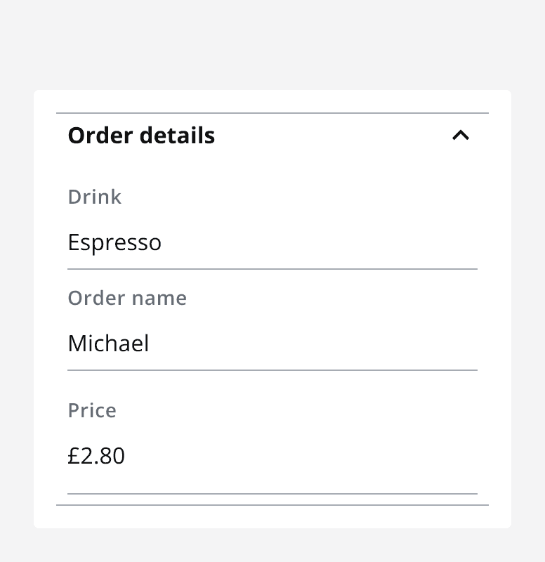 An accordion titled ‘Order details’ including a three-row data entity for a coffee order in the content area.