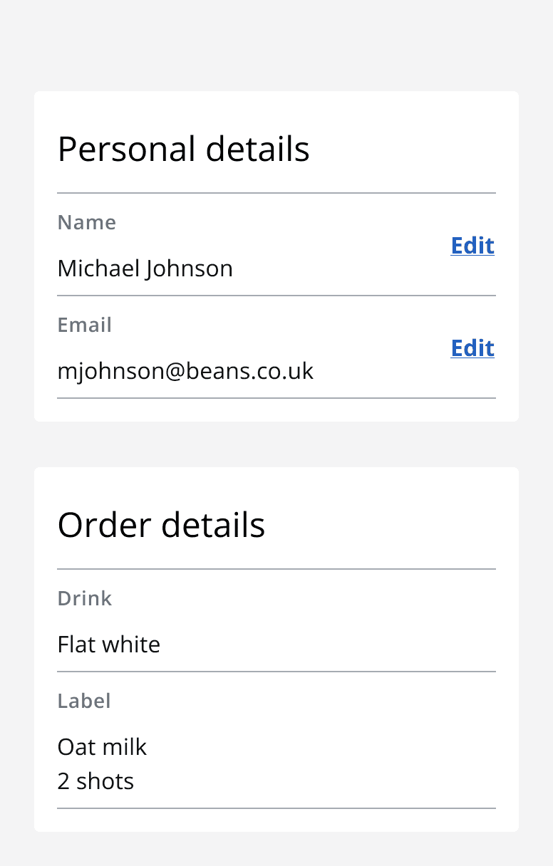 An image of two data entities. The top component, labelled ‘personal details’ is the same width as the bottom one, labelled ‘order details’.