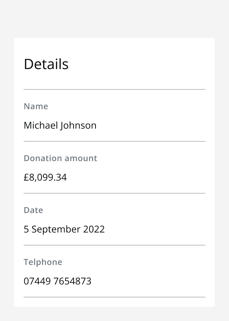 A data entity titled ‘details’ with four rows. The first row has a text entry in a text format, the second has a number in a number format, the third has a date in the correct date format, and the fourth has a telephone in the correct telephone format.