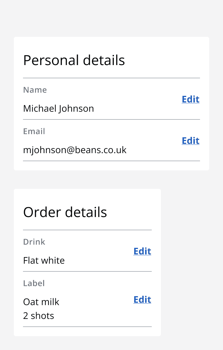An image of two data entities. The top component, labelled ‘personal details’ is wider than the bottom one, labelled ‘order details’.