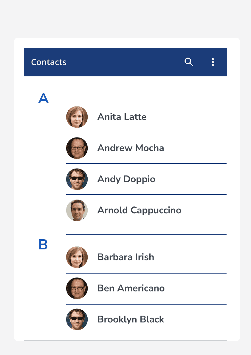 Inset dividers being used to separate individual contacts rather than separating by alphabetical sections.