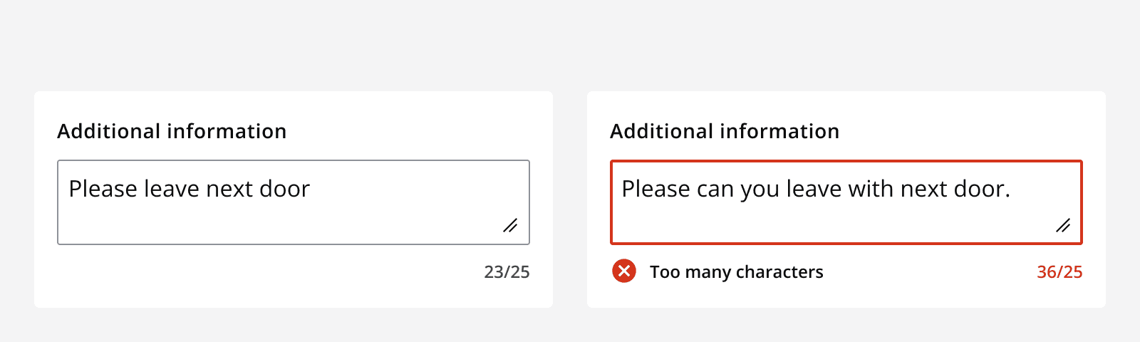 An example of two text areas with a character count. The first is below the character count, and the second is over the character count and is showing an error.