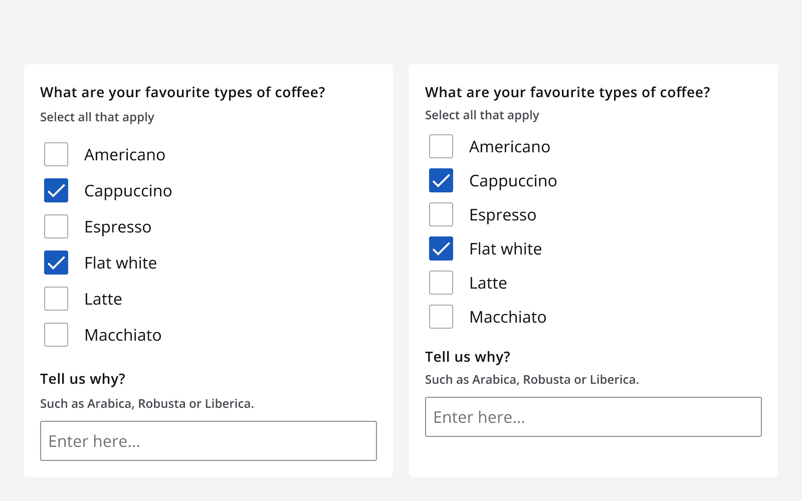 Two forms containing a checklist and a text input. One uses default sizing resulting in larger spacing between components. The other uses small sizing that reduces space between components and results in a shorter vertical height for the same form.