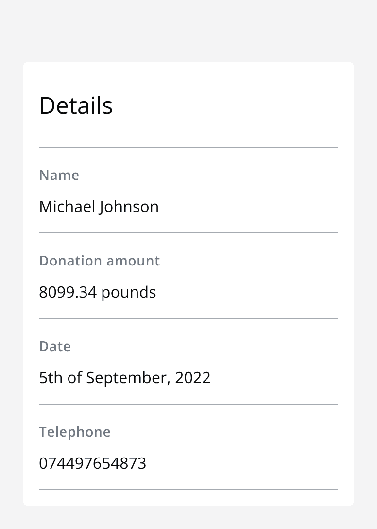 A data list titled ‘details’ with four rows. All four rows are displayed in normal text formatting even though they display a date, number and telephone.