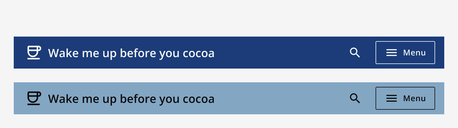 Six examples of top navigation components using different brand colours.