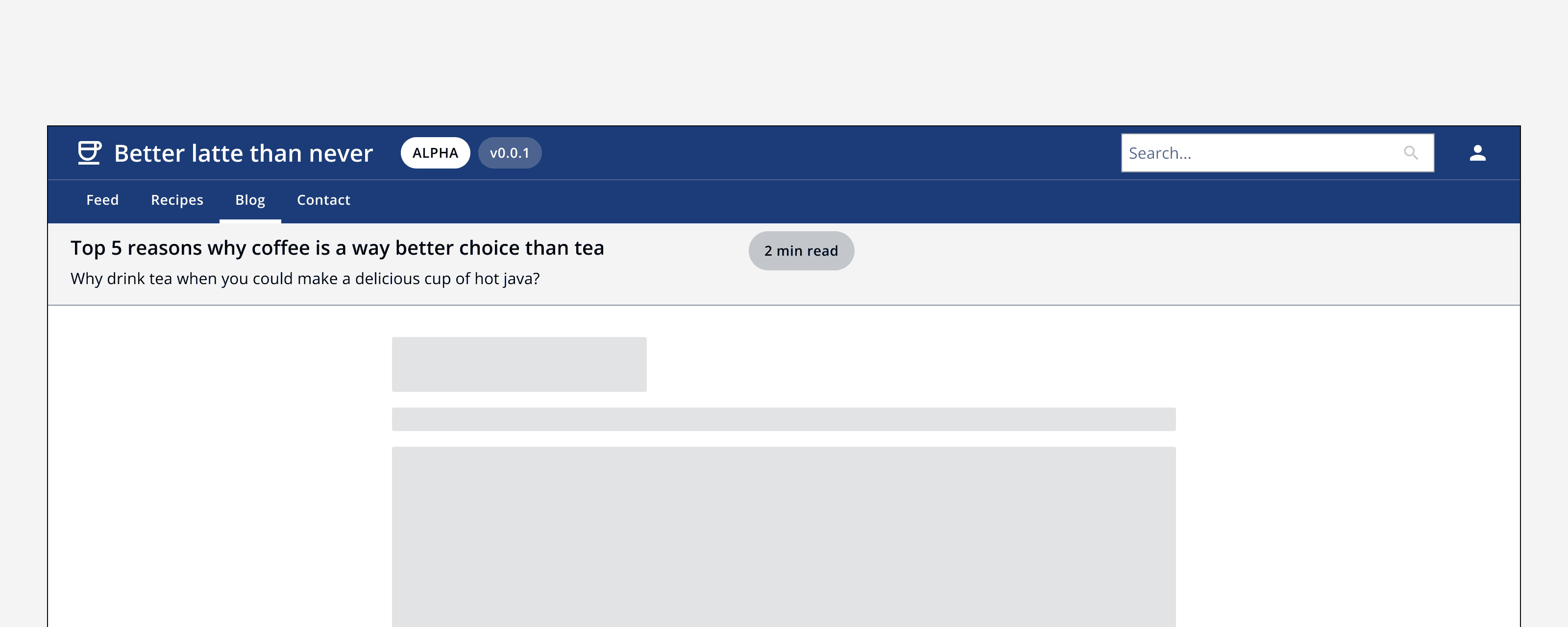 An example app that shows a page header and some example content. The page header’s content is aligned to the left of the screen. The example page content below is aligned to the centre of the screen.