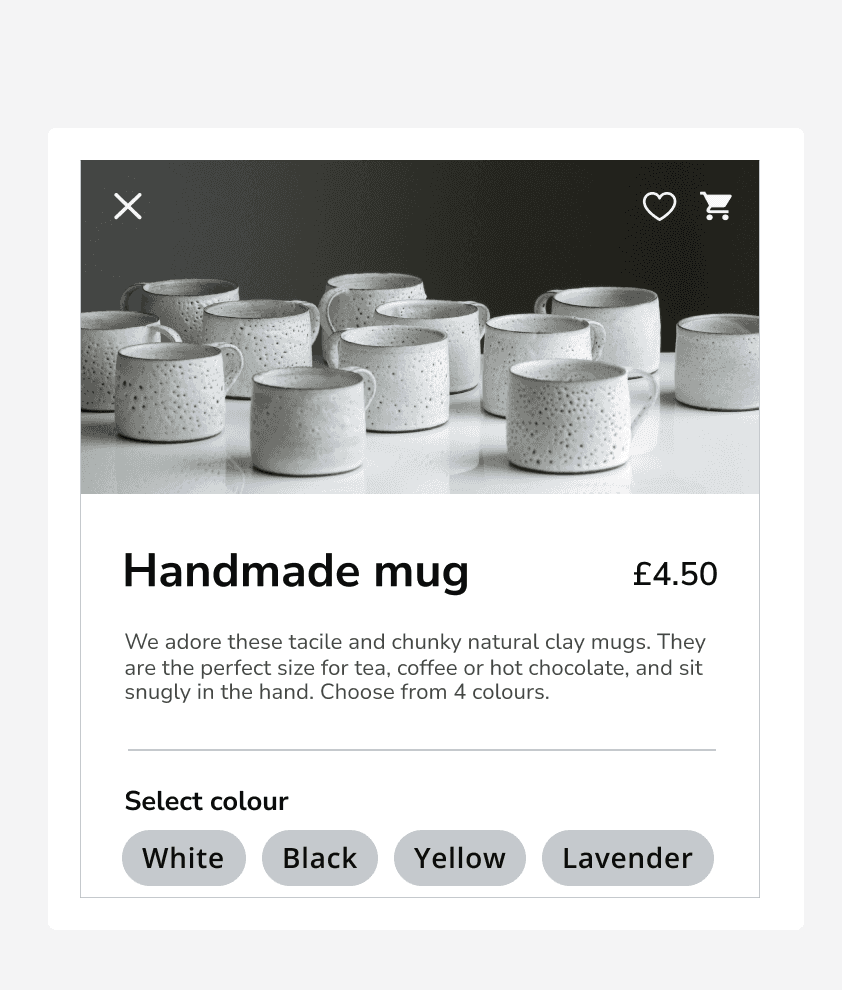 An inset divider used to clearly separate the description of a mug and the list of the colours in which it is available.