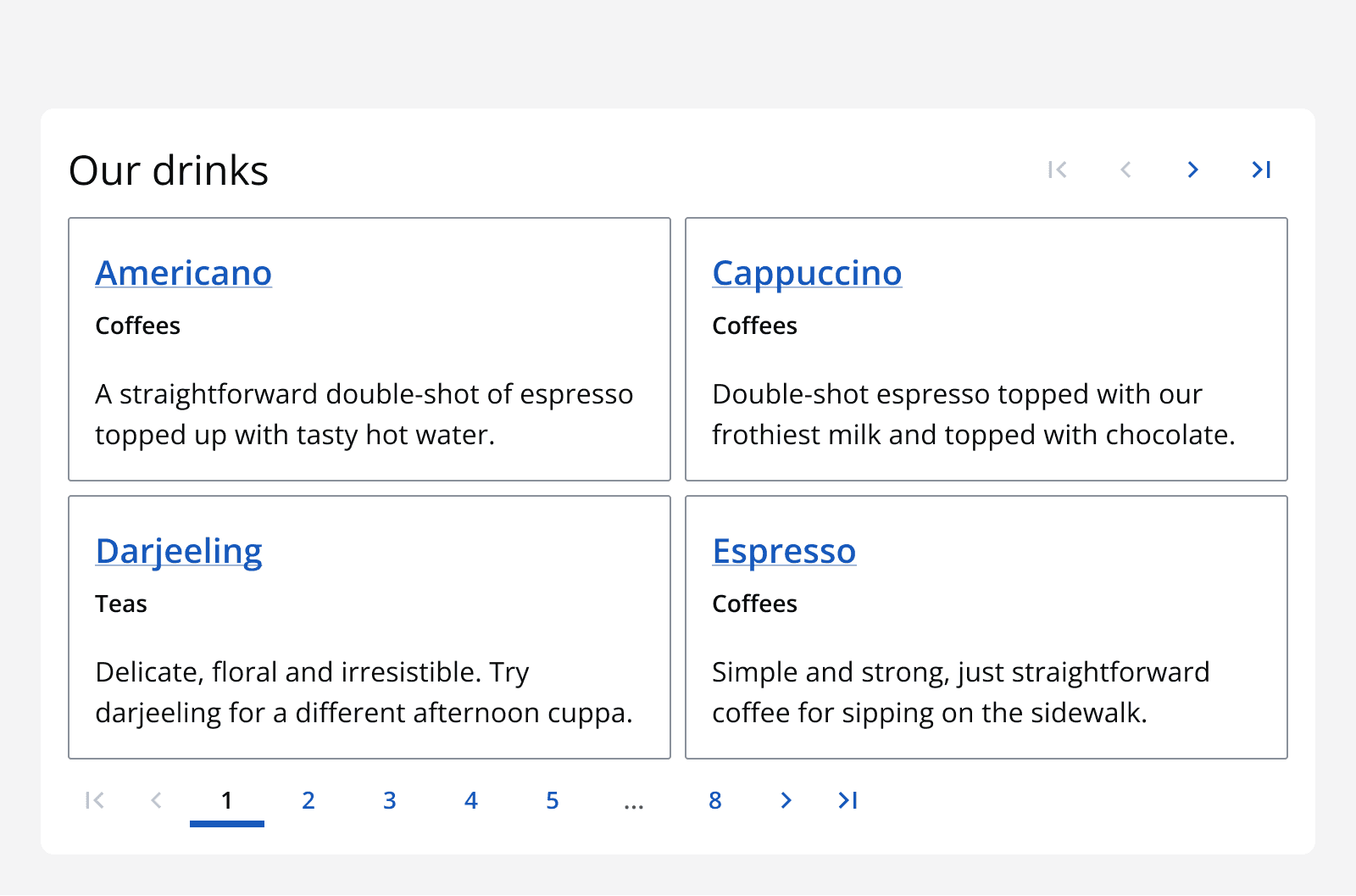 An example product grid showing hot beverages. A complex pagination control appears below the drinks grid that it controls. A simple pagination control is displayed in the top-right above the product grid.