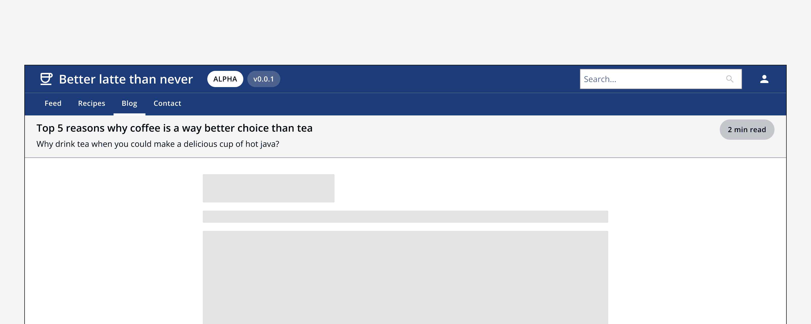 An example app that shows a page header and some example content. The page header’s content spans the full screen width with its title and description aligned to the left margin and its action button aligned to the right margin. The example page content below is aligned to the centre of the screen.