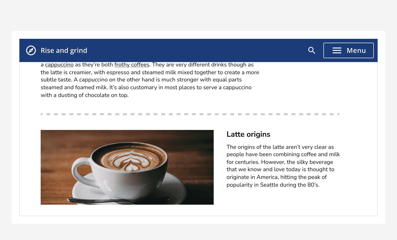 Light, dashed divider with 4px weight used to define sections of a web page.